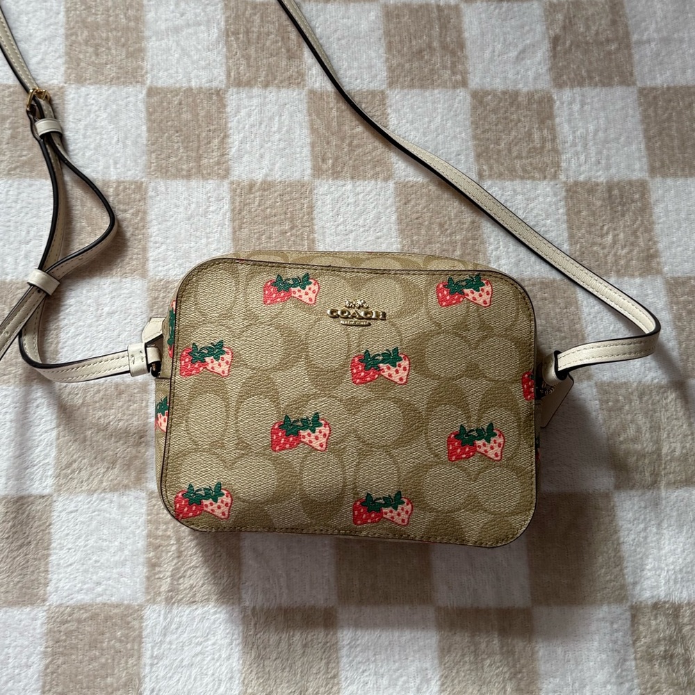 Coach Tan Crossbody Bag with Strawberry Print